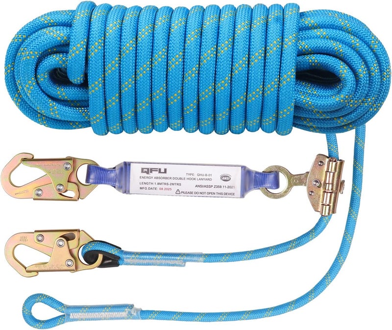 QFU Heavy Duty Fall Protection Rope for roof & tree climbing. Includes safety harness, alloy steel clips, shock-absorbing lanyard - Image 1